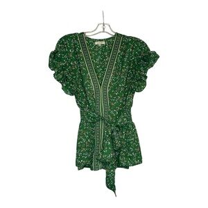 Max Studio womens M Boho Chic blouse VNeck Green Floral Ruffle sleeve tie waist